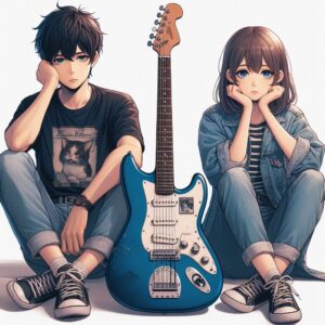 フェンダーのギター青い ムスタングを囲む若い男女