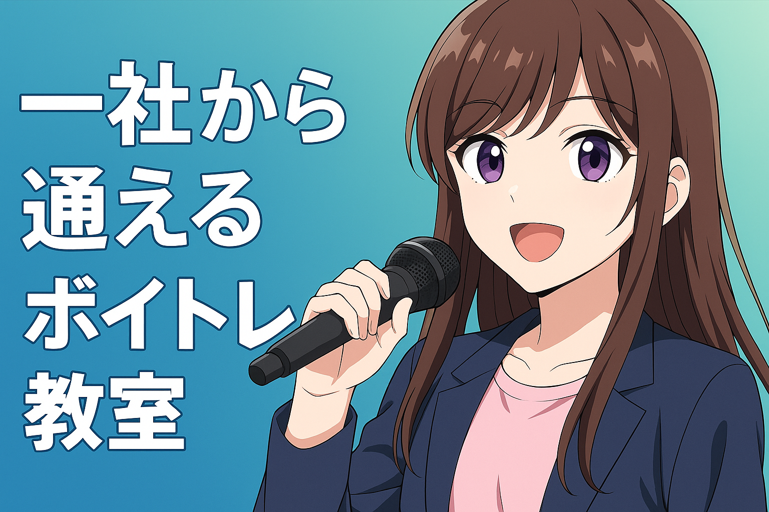 一社から通えるボイトレ教室の記事用のアイキャッチ画像。女性がマイクを持って歌っており、背景にレコーディングスタジオが描かれ、左側に「一社から通えるボイトレ教室」と表示されている。