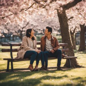 公園のベンチに座る恋人同士