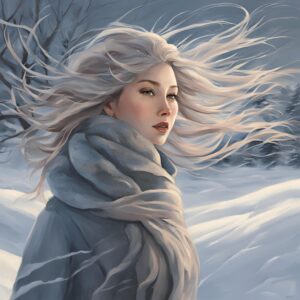吹雪の中立つ女性
