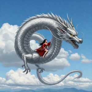 女性が乗って空飛ぶ龍
