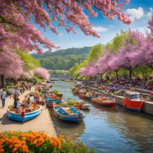 桜満開の川沿いの風景