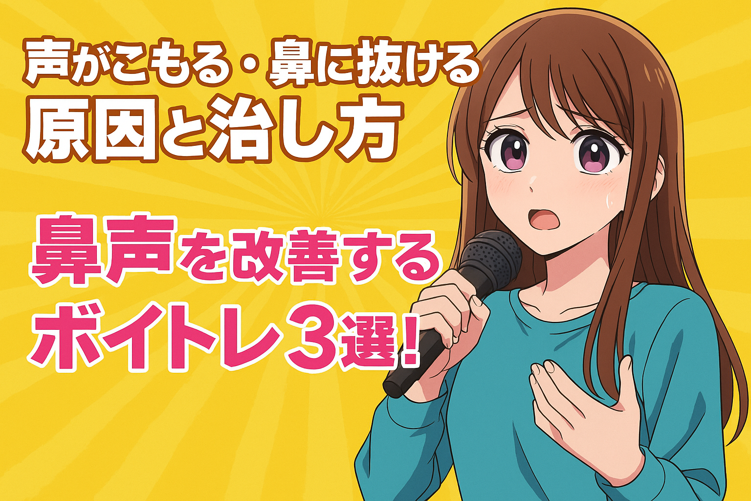 マイクを持って歌う女性のイラスト（鼻声改善ボイトレの記事用）