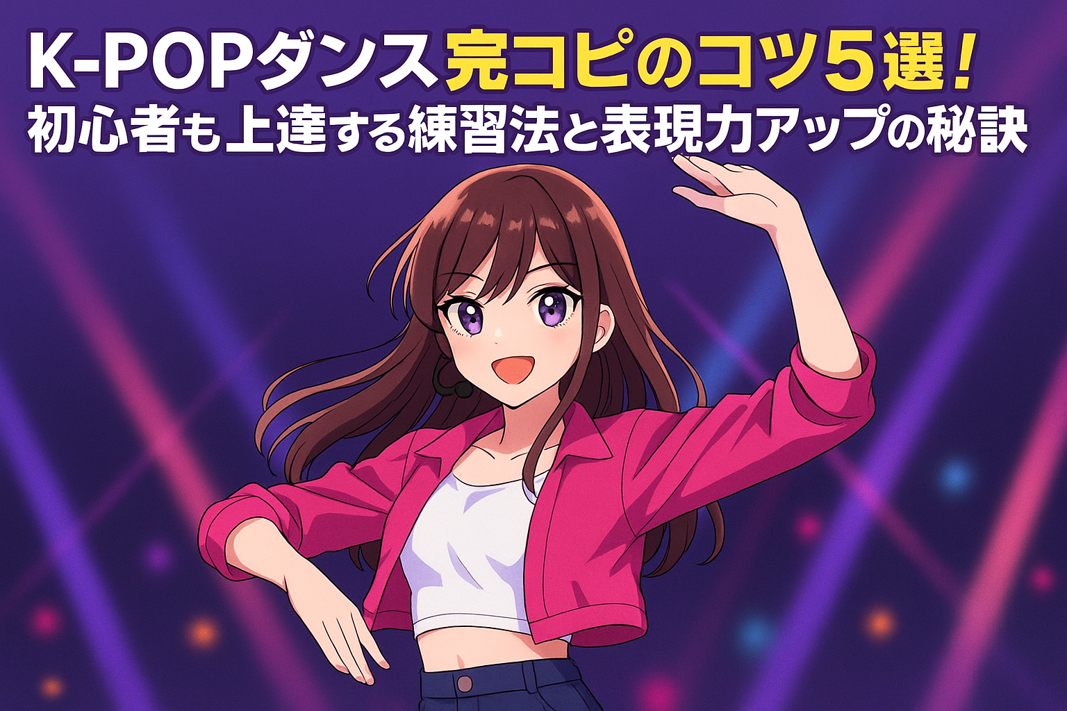 K-POPダンスを踊るアニメ風キャラクター｜完コピ練習を通じて初心者が上達する姿を描いたタイトル入りアイキャッチ