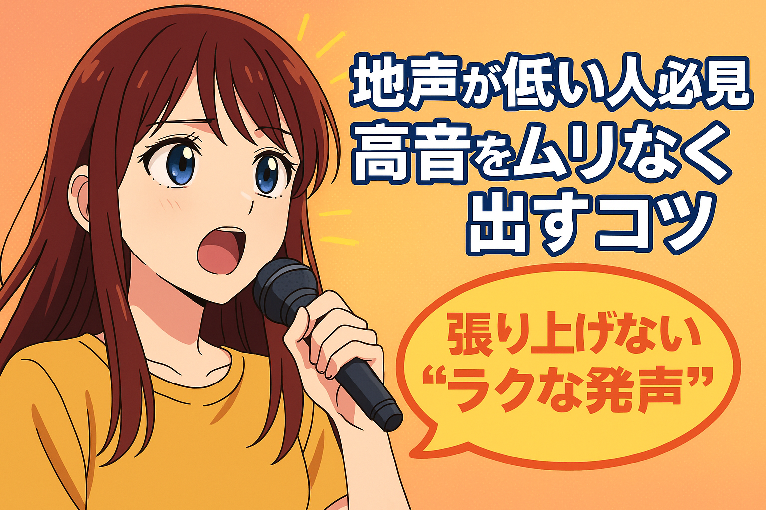 張り上げずに高音を出す方法を解説するアニメ風イラスト