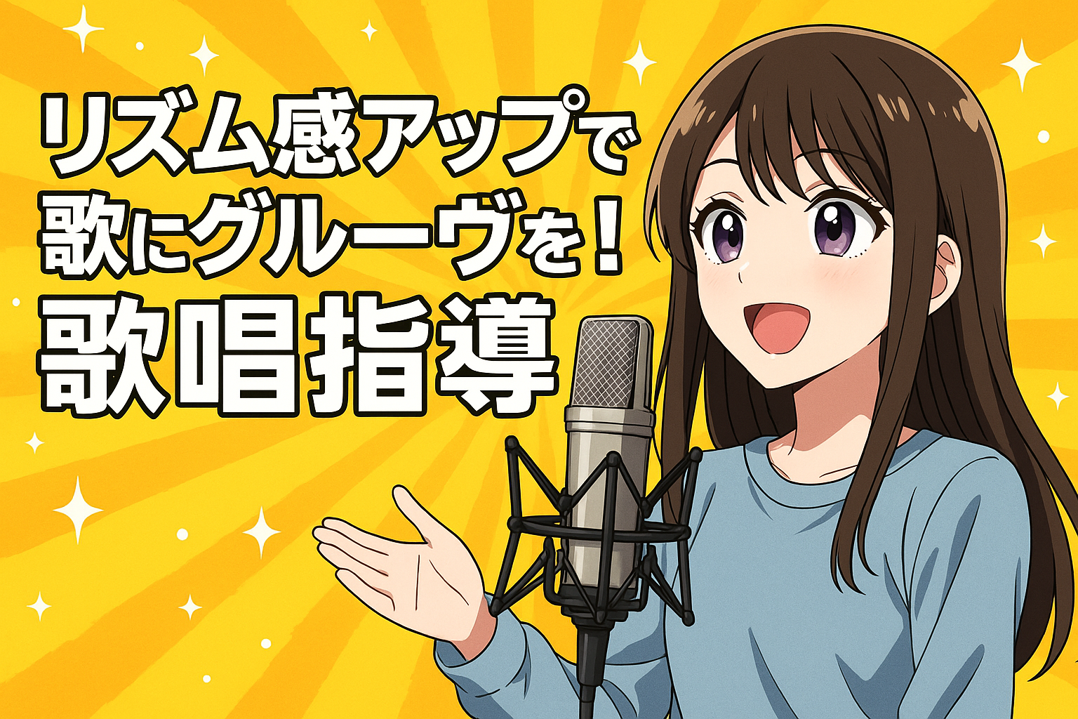 名古屋市東区のボイトレスクールでリズム感を学ぶ様子を描いたアニメ風イメージ
