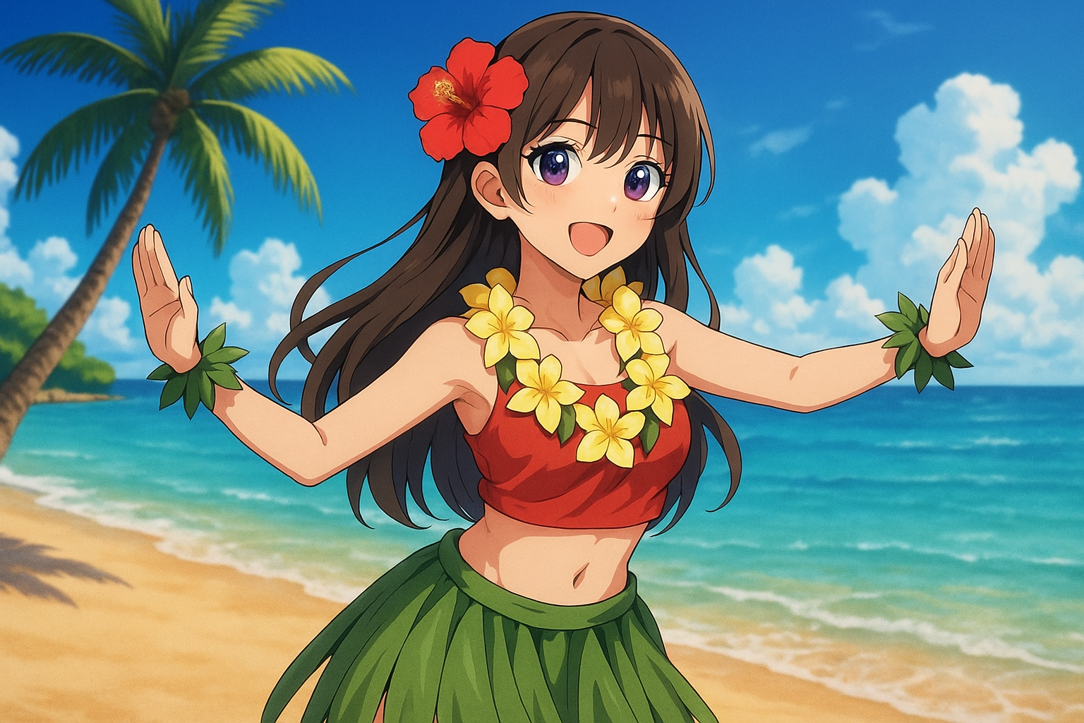 フラダンスを踊るアニメ風キャラクター｜南国の海辺で笑顔で手や腰を動かす女性ダンサー