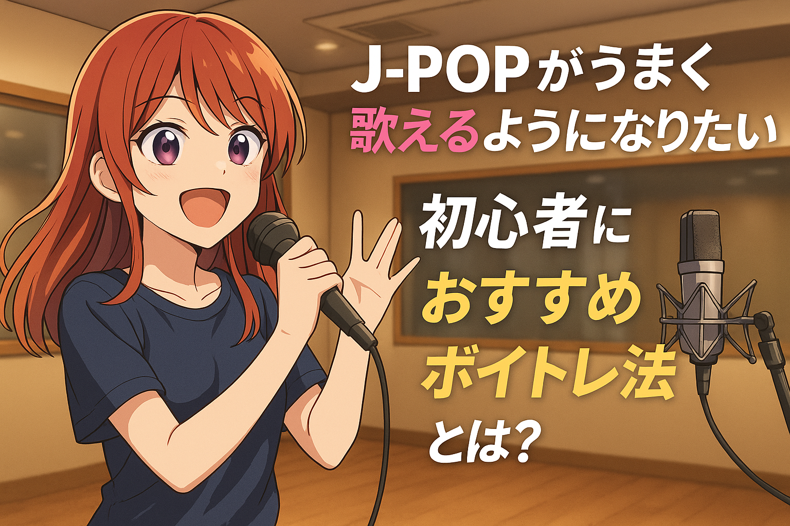 アニメ風の女性キャラクターが明るいスタジオでマイクを持って歌う。上部に「J-POPがうまく歌えるようになりたい！初心者におすすめのボイトレ法とは？」の文字。