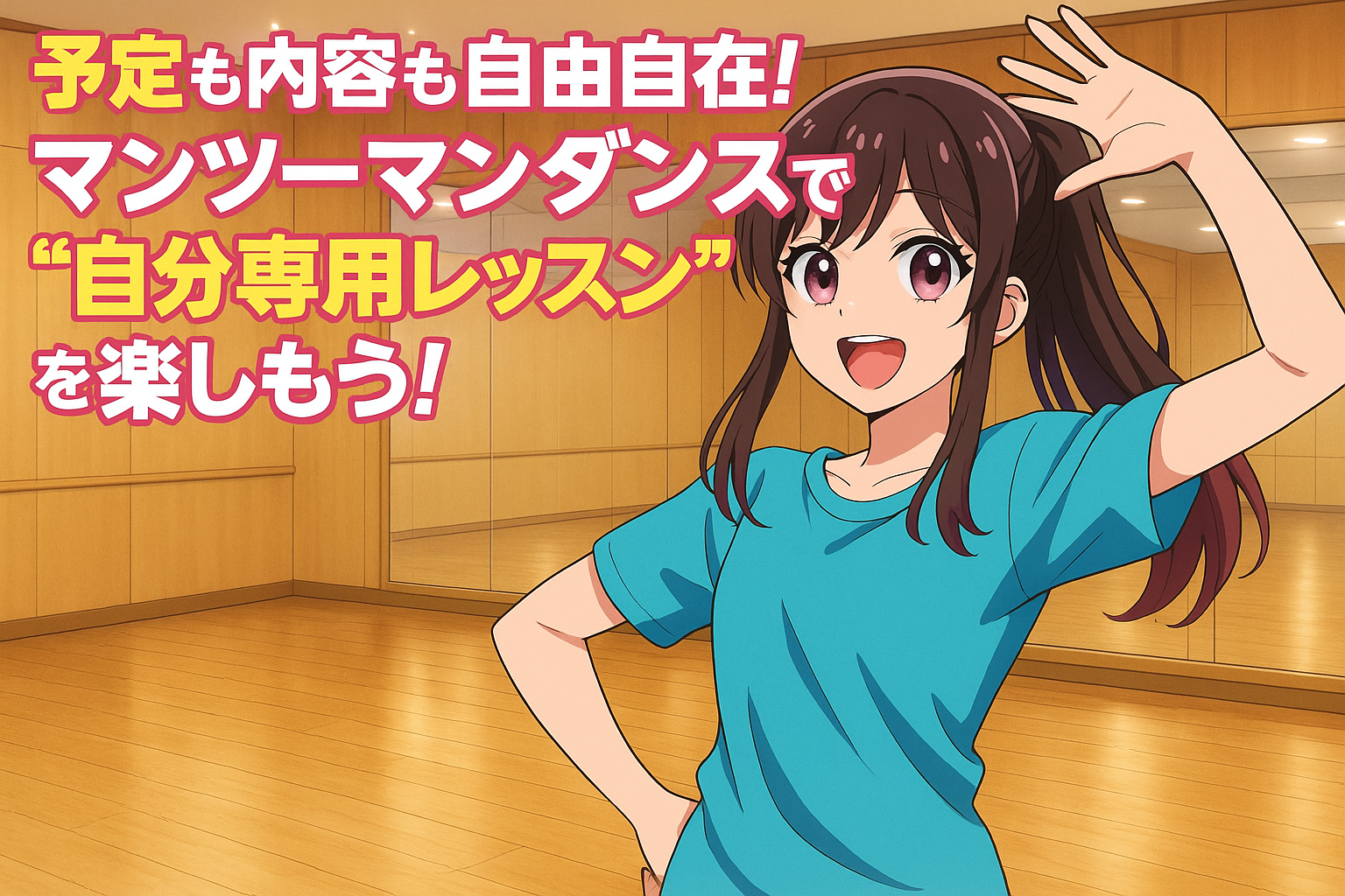 アニメ風の女性キャラクターが明るいダンススタジオで笑顔を見せる。上部には「予定も内容も自由自在！マンツーマンダンスで“自分専用レッスン”を楽しもう！」の文字。