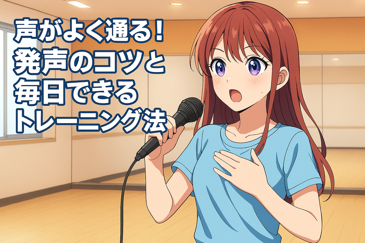 アニメ風の女性キャラクターがマイクを持って発声トレーニングをしている。上部に「声がよく通る！発声のコツと毎日できるトレーニング法」の文字。