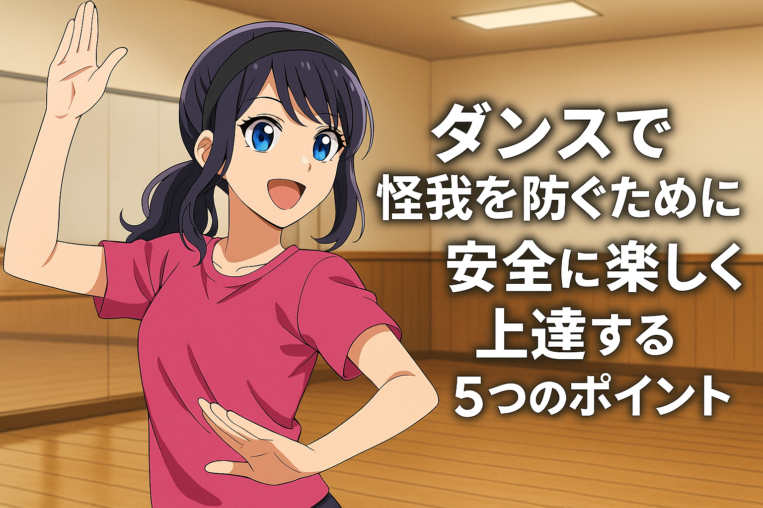 女性ダンサーが明るい木目調のスタジオで元気にポーズを取っている。「ダンスで怪我を防ぐために！安全に楽しく上達する5つのポイント」というタイトル入り。