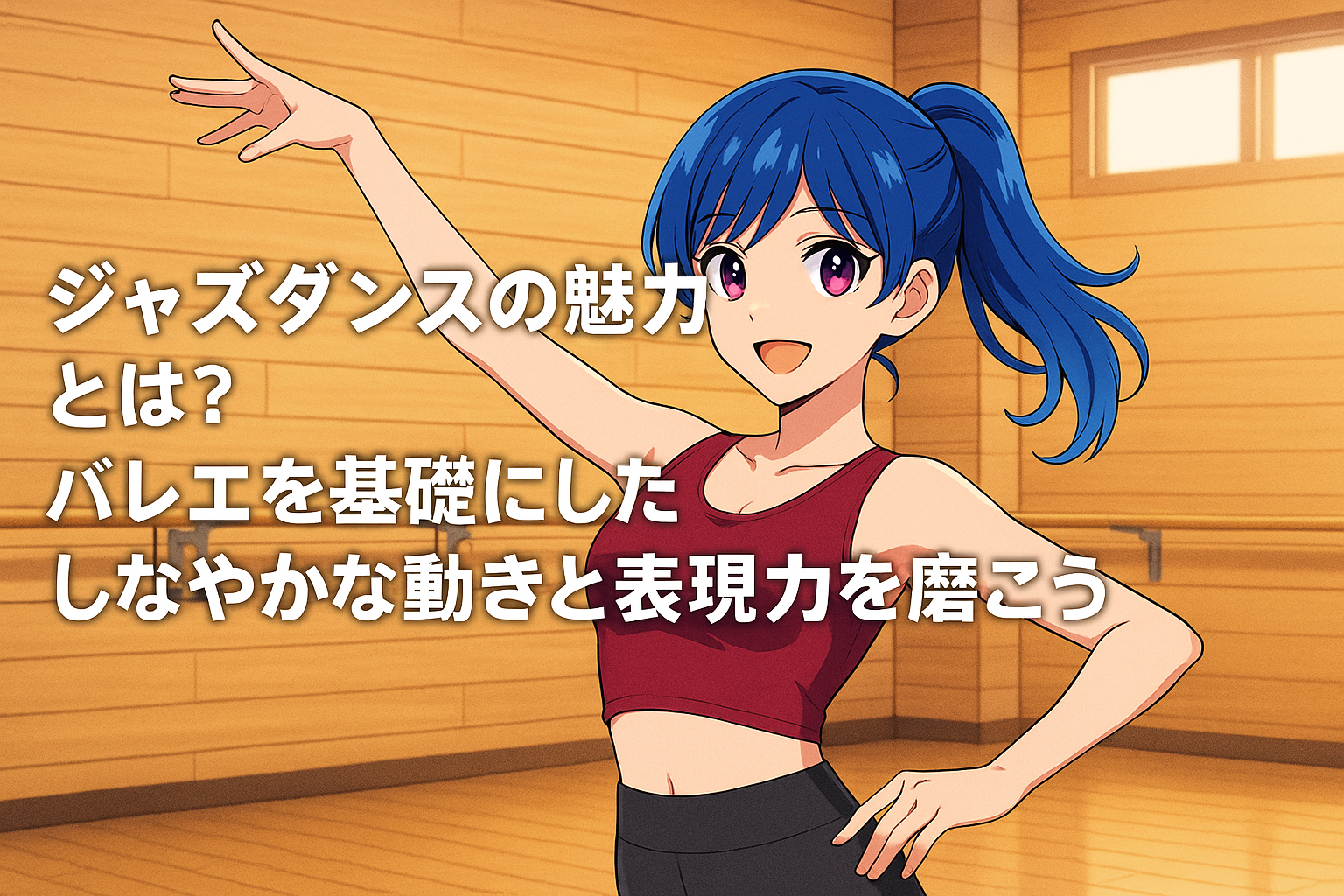 女性ダンサーが明るい木目調のスタジオでジャズダンスを踊る様子。「ジャズダンスの魅力とは？バレエを基礎にしたしなやかな動きと表現力を磨こう」というタイトル入り。