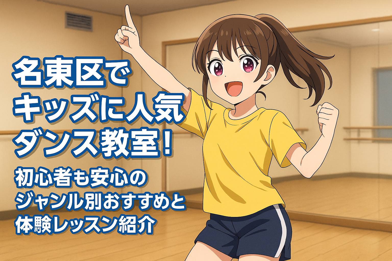 アニメ風の女の子がダンススタジオで元気に踊る姿｜名東区で人気のキッズダンス教室のアイキャッチ