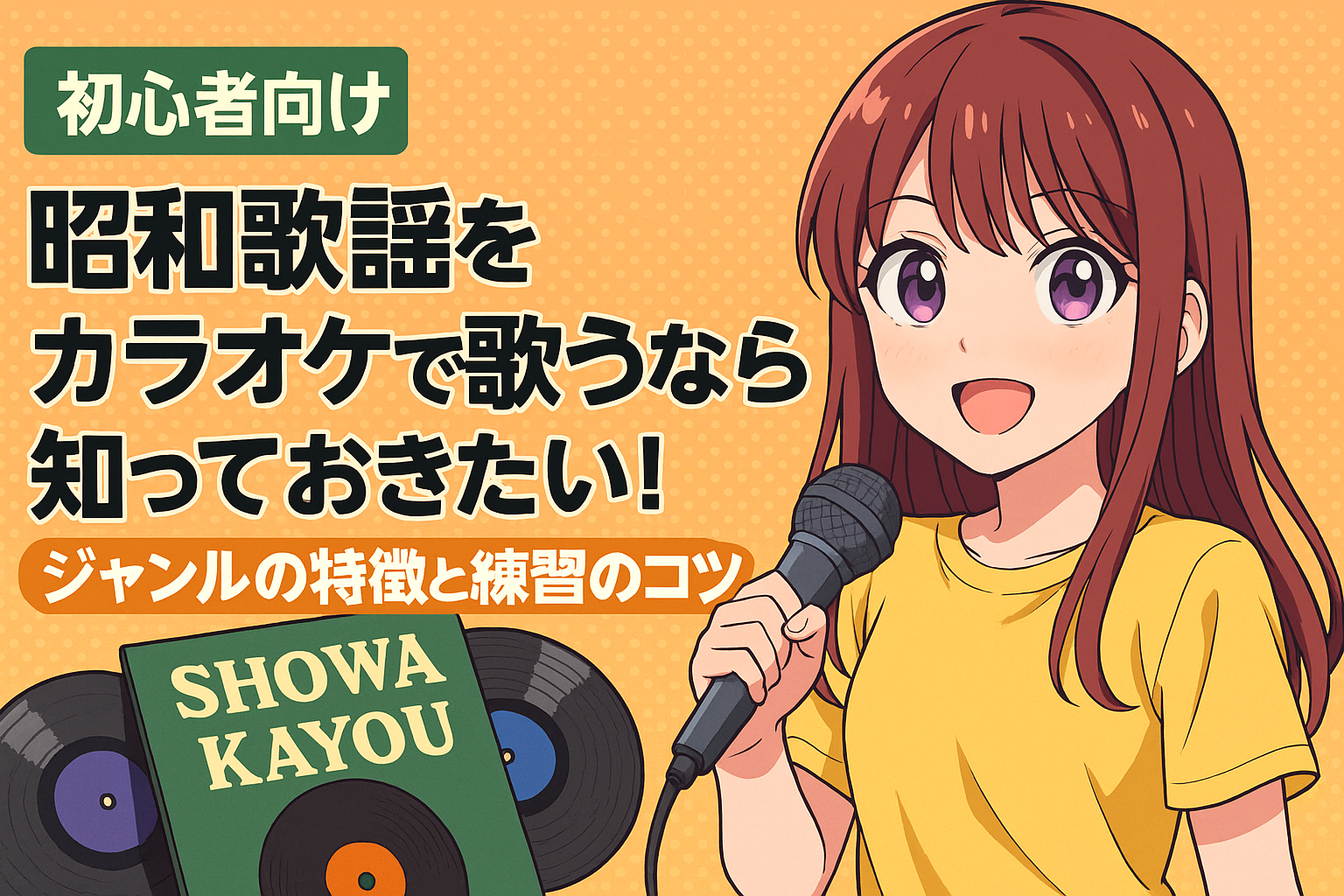 昭和歌謡をカラオケで歌う女の子のアニメ風イラスト