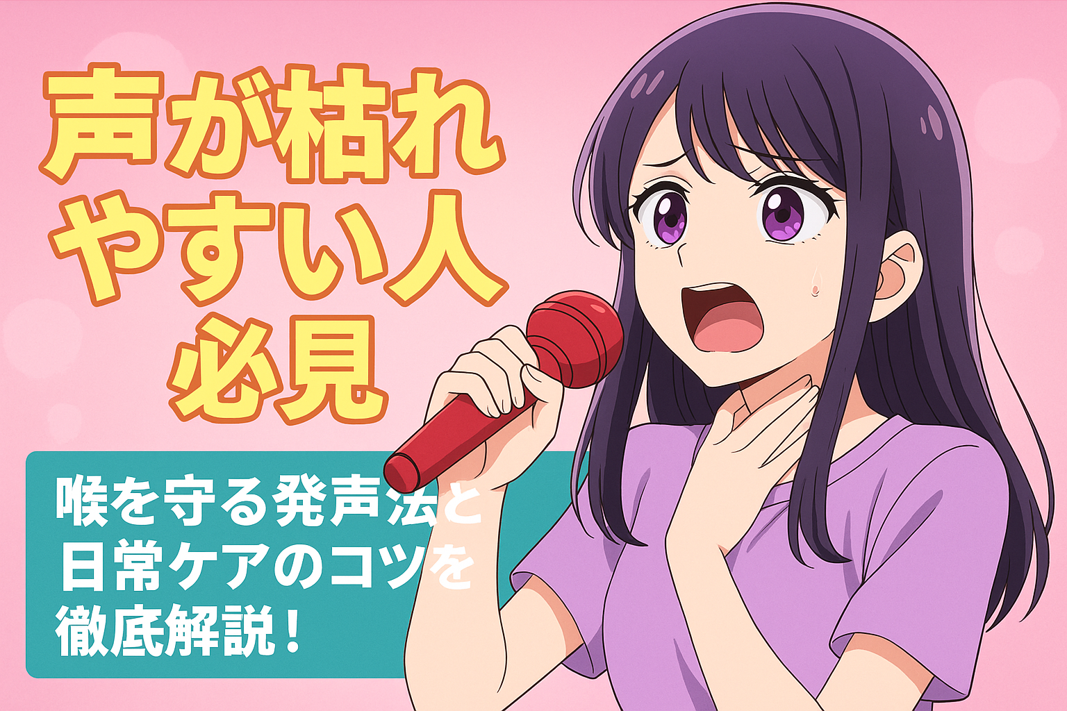 マヌカハニーとマイクを持つ喉ケア中の女の子のアニメ風イラスト