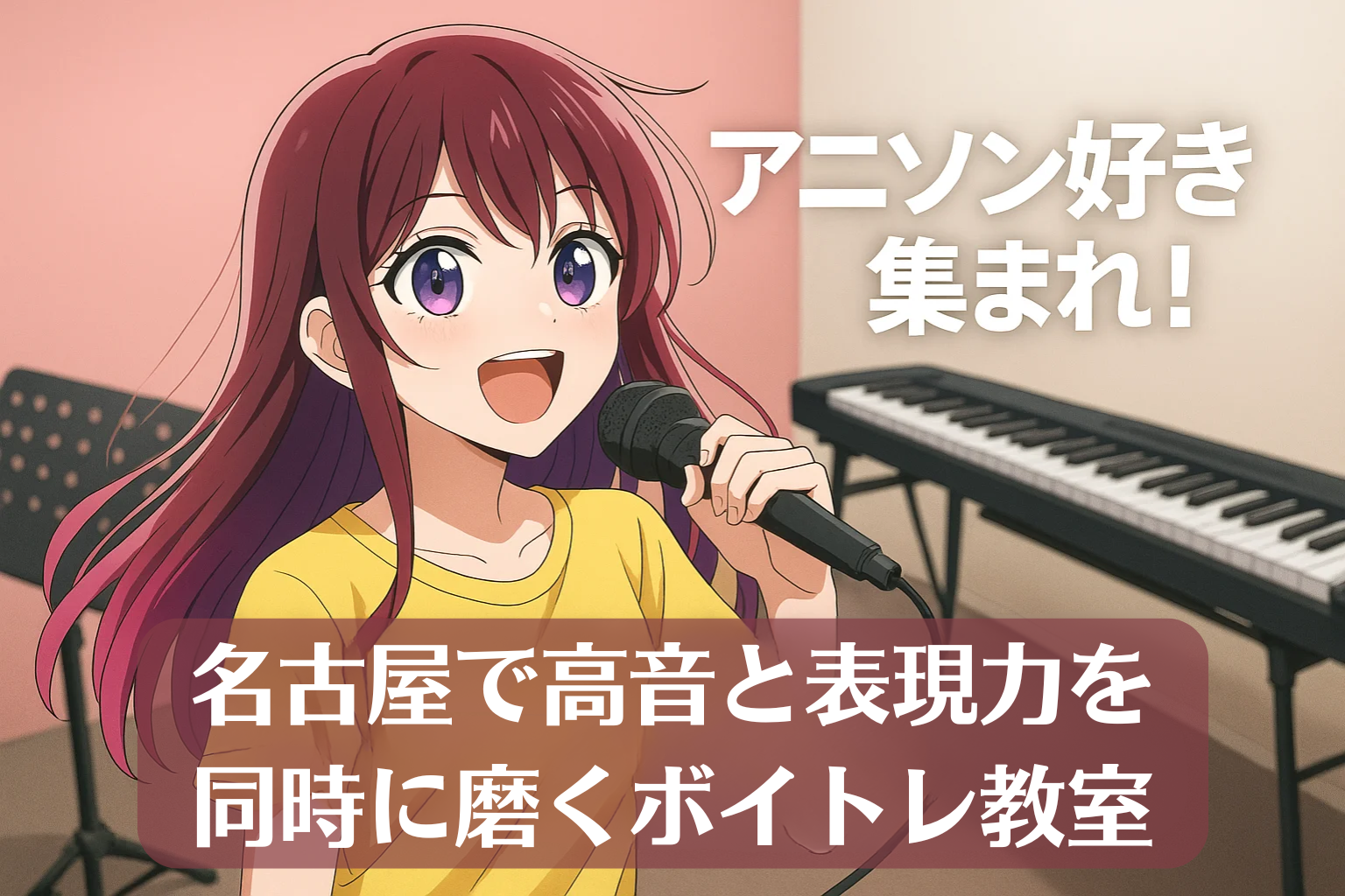 若い女性がマイクを手に笑顔で歌っている教室のシーン。背景にはキーボードと譜面台があり、明るい雰囲気のボイトレレッスン風景。画面には「アニソン好き集まれ！ 名古屋で高音と表現力を同時に磨くボイトレ教室」というタイトル文字が配置されている。