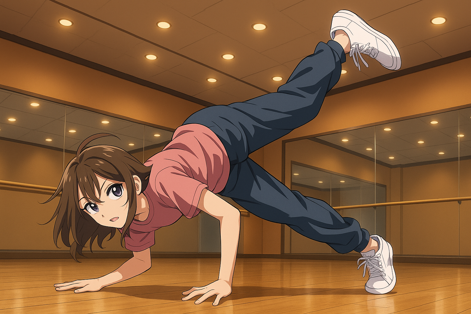 ダンススタジオの中で、若い女性がブレイクダンスのフリーズ技を決めている姿を描いたイラスト。木目の床と鏡張りのスタジオ、明るい天井照明が映り、動きのあるポーズが印象的。