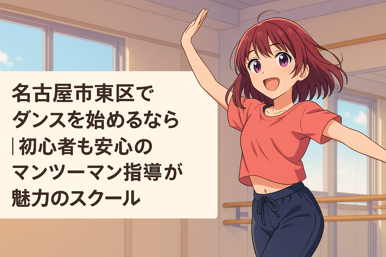 女の子がダンススタジオで楽しそうに踊っている横長のイラスト。左側には「名古屋市東区でダンスを始めるなら｜初心者も安心のマンツーマン指導が魅力のスクール」というタイトルが大きく配置され、背景には明るい窓とレッスンバーが描かれている。
