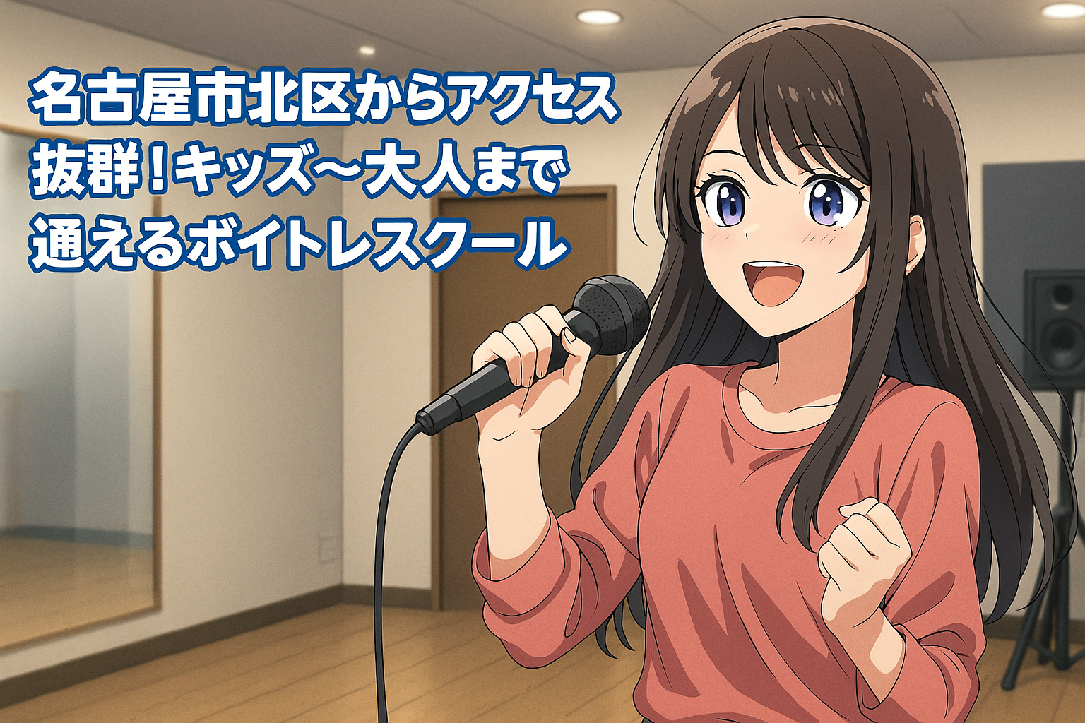 明るいボーカルスタジオで、若い女性がマイクを手に笑顔で歌っているイラスト。背景には鏡張りの壁とスピーカーが並び、上部には「名古屋市北区からアクセス抜群！キッズ〜大人まで通えるボイトレスクール」というタイトルが配置されている。