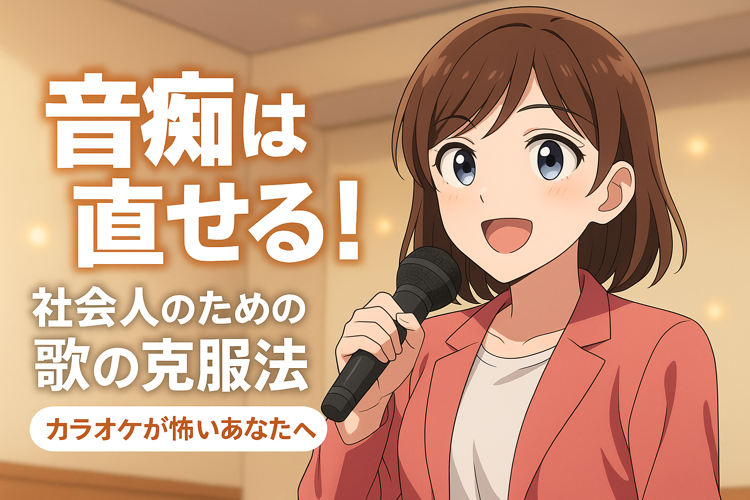 カラオケを克服したい社会人向けの記事用アイキャッチ画像。マイクを持って笑顔で歌う女性キャラクターが描かれ、「音痴は直せる！ 社会人のための歌の克服法 カラオケが怖いあなたへ」という文字が大きく表示されている。