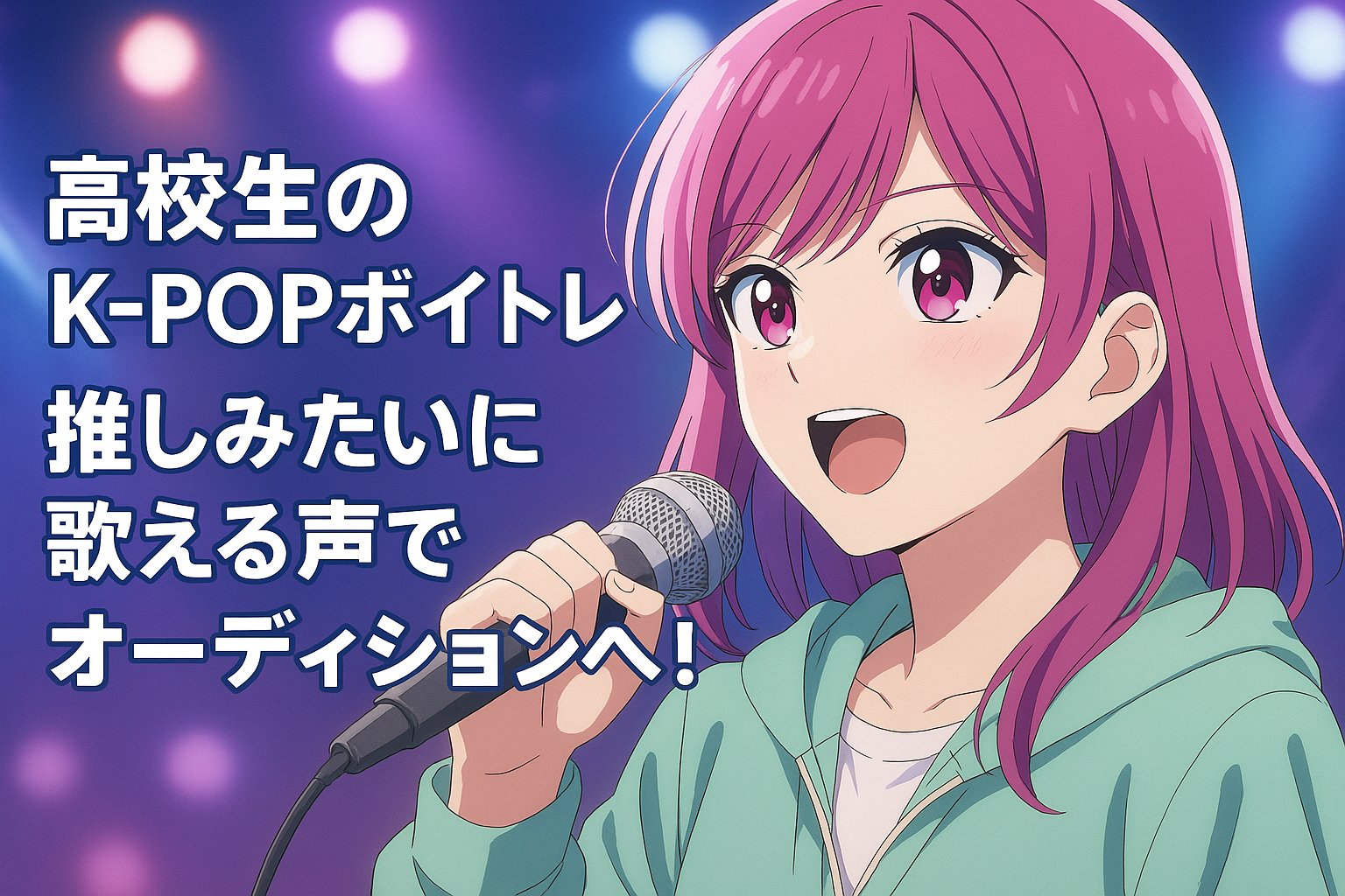 ステージで歌う女子高校生がマイクを握り、真剣な表情で歌っている。背景はライトが輝くライブ演出で、「高校生のK-POPボイトレ 推しみたいに歌える声でオーディションへ！」というタイトルが大きく表示されている。