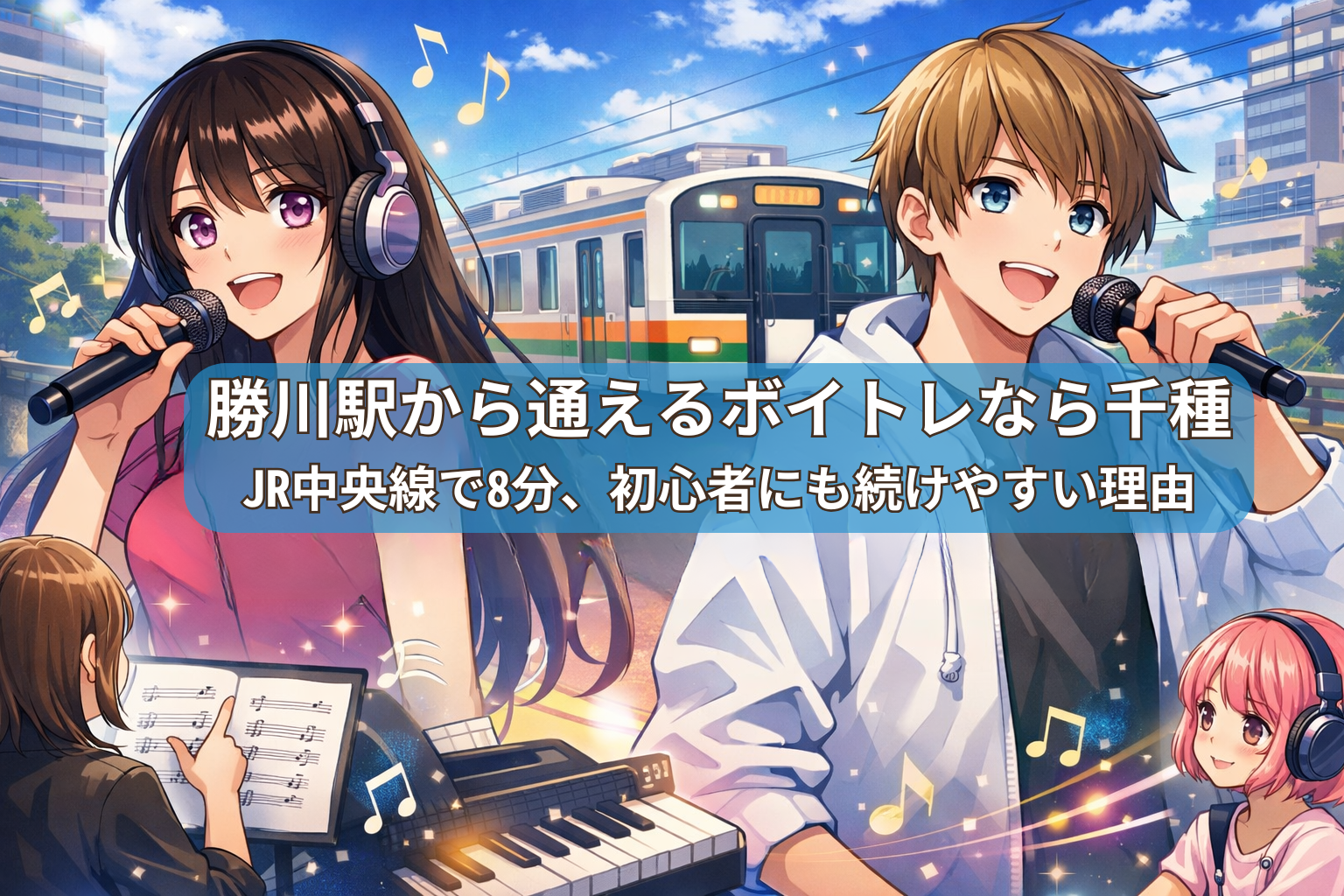 勝川駅から千種駅へ電車で通い、ボイトレを受ける様子を描いたイラスト。歌う男女と電車、音符が配置され、通いやすさを表現している。
