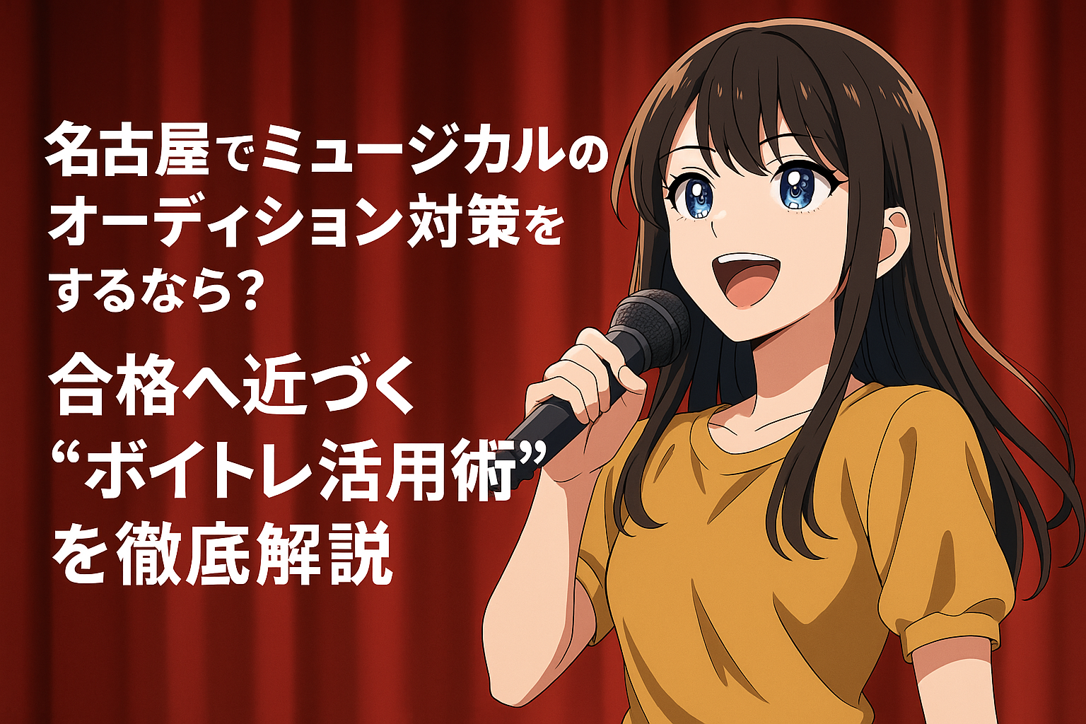 赤いステージカーテンを背景に、黒いマイクを手に笑顔で歌う若い女性。左側には「名古屋でミュージカルのオーディション対策をするなら？合格へ近づく“ボイトレ活用術”を徹底解説」という白文字のタイトルが配置されている。