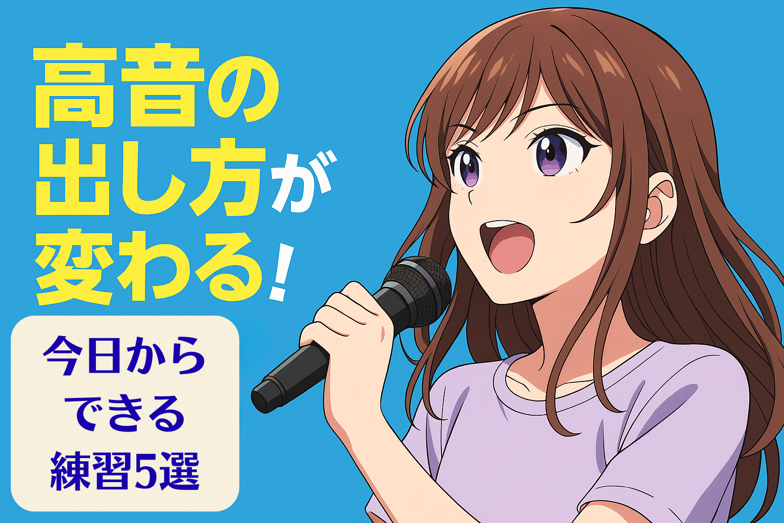 高音の出し方の記事用アイキャッチ画像。女性がマイクを持って歌っており、左側に「高音の出し方が変わる！今日からできる練習5選」と大きな文字が表示されている。