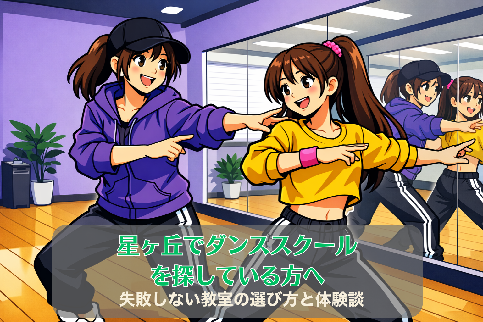 星ヶ丘エリアから通えるダンススクールのレッスン風景。薄い紫色の壁と鏡張りのスタジオで、30代の女性講師が10代後半の生徒に振り付けを指導している様子。