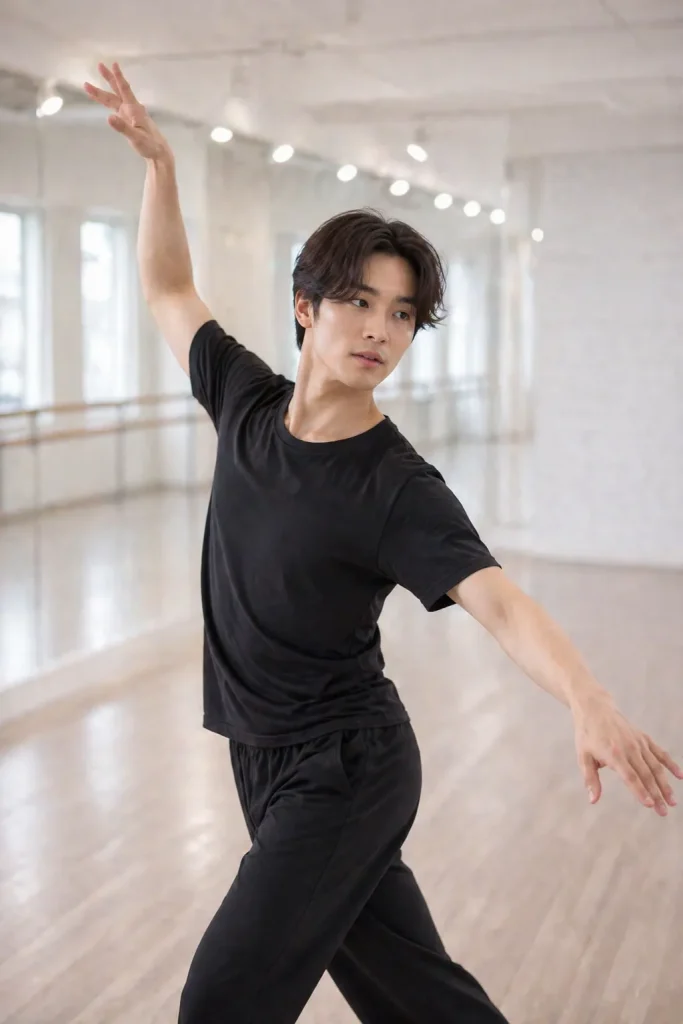 センターパートの髪型でジャズダンスのレッスンをする男性