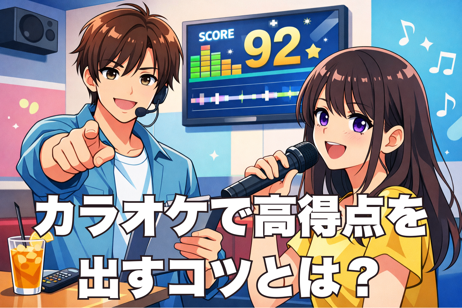 カラオケで92点をとったところの画像。女性がマイクを持っている。