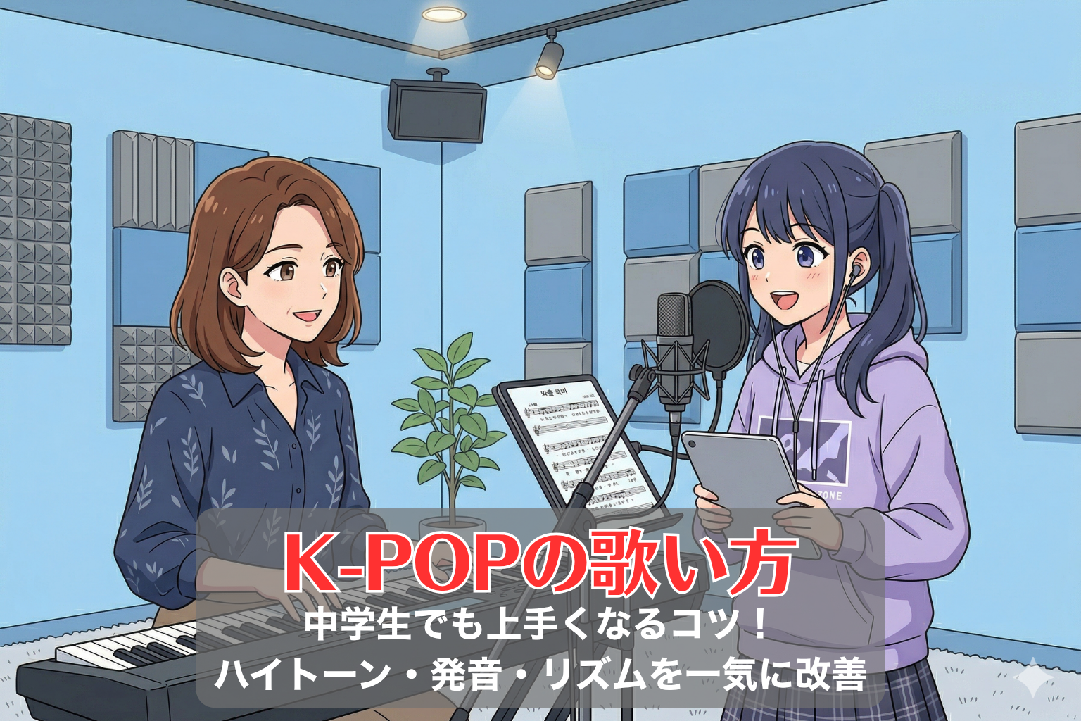 ボイトレルームで女性講師が中学生の女の子に発声指導をしている様子。マイクを使って歌いながらK-POPの歌い方を学ぶマンツーマンレッスン風景