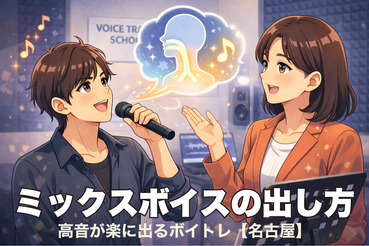 ボイトレスクールのレッスンルームで、30代くらいの男性生徒がマイクを持って発声練習を行い、40代くらいの女性講師が身振りを交えてミックスボイスの出し方を指導している様子。