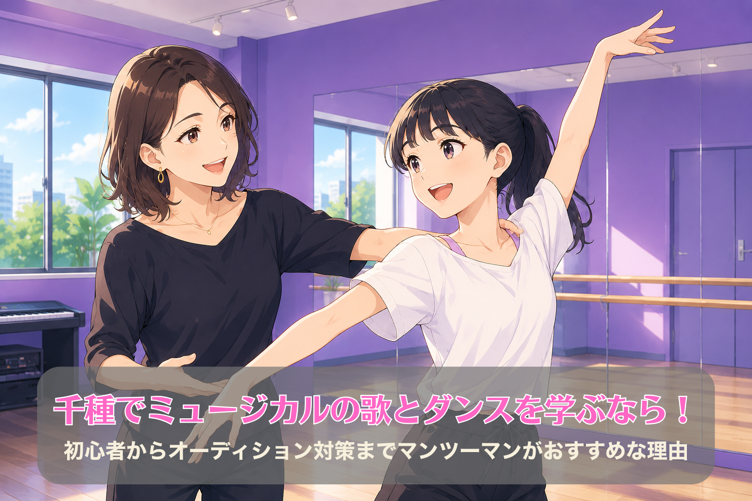 紫色の壁と鏡張りのダンスルームで、40代の女性講師が15歳の女子生徒にミュージカル向けのダンス指導を行っている様子。明るい雰囲気のマンツーマンレッスン。