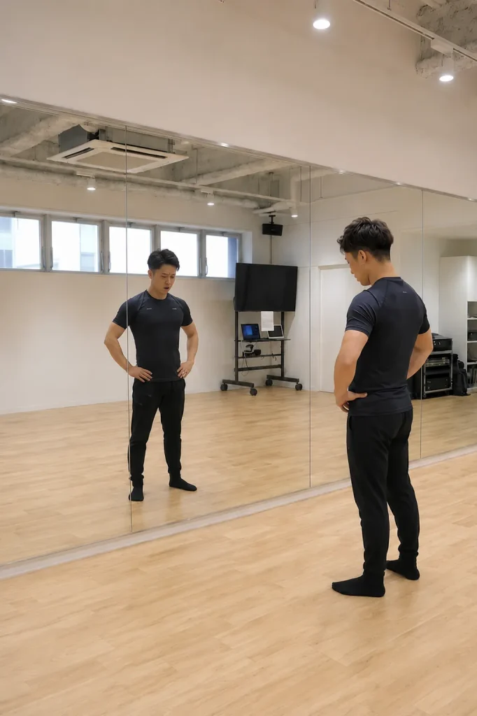 喉を開く感覚をつかむために鏡の前でため息をつく練習をする男性ボーカリスト