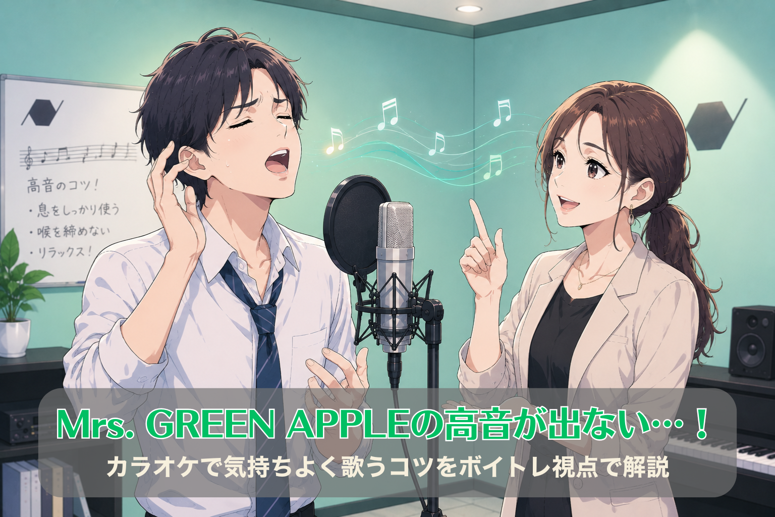 ミントグリーンのボイトレルームで、会社帰り風の男性が高音に挑戦しながら歌い、女性講師が優しく発声を指導している様子。