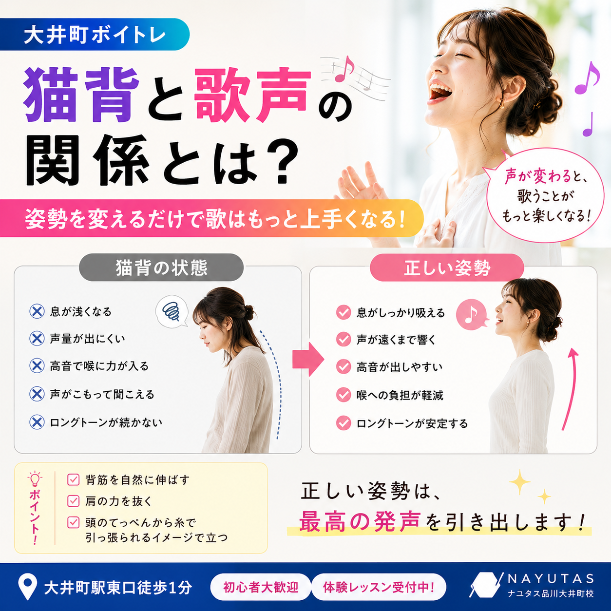 【大井町ボイトレ】猫背と歌声の関係とは？姿勢を変えるだけで歌はもっと上手くなる！