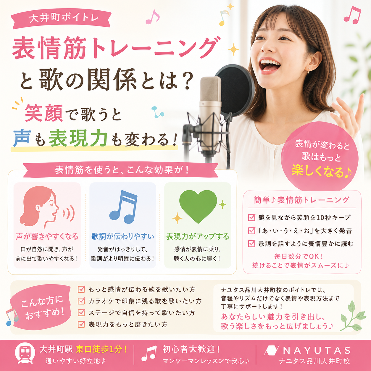 【大井町ボイトレ】表情筋トレーニングと歌の関係とは？笑顔で歌うと声も表現力も変わる！