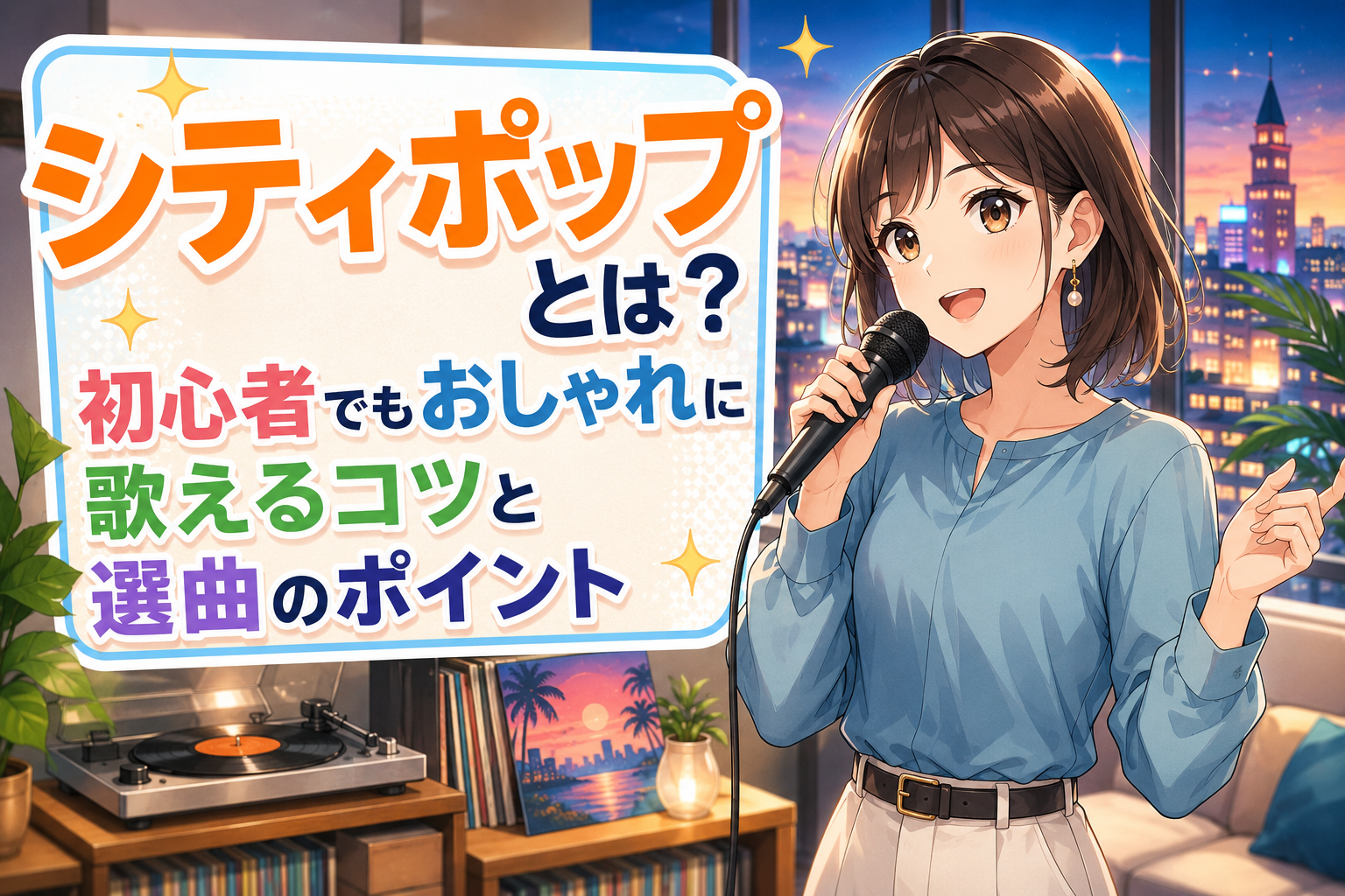 夜景の見える部屋で、青い服の女性がマイクを持ってシティポップを歌うNAYUTAS千種校の記事