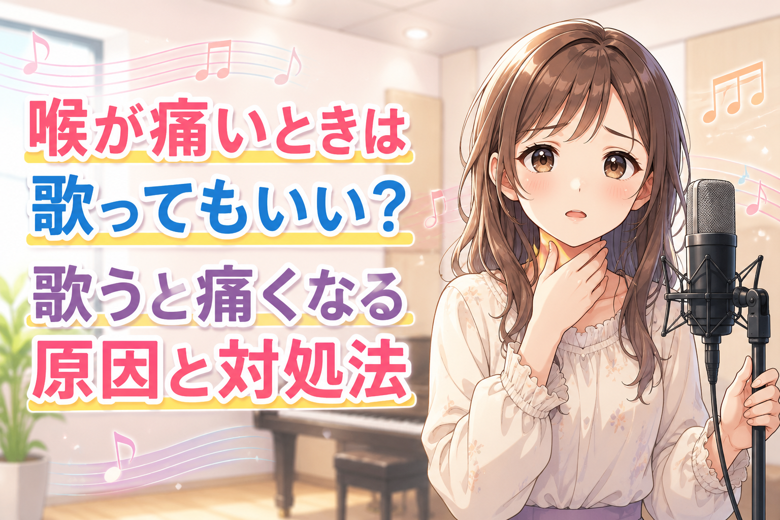 明るい音楽スタジオで、白い花柄ブラウスを着た女性が不安そうな表情で喉に手を当て、マイクの前に立つ様子。藤が丘校の「喉が痛い 歌」をテーマにした記事。