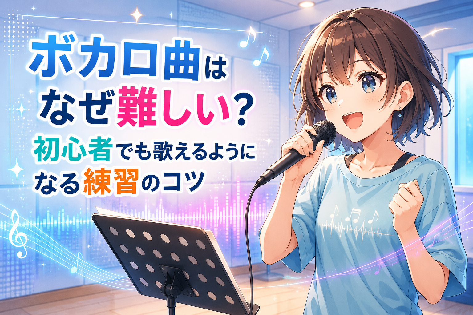 明るいスタジオで、青い服の女性がマイクを持ち、譜面台を見ながらボカロ曲を練習するNAYUTAS千種校の記事