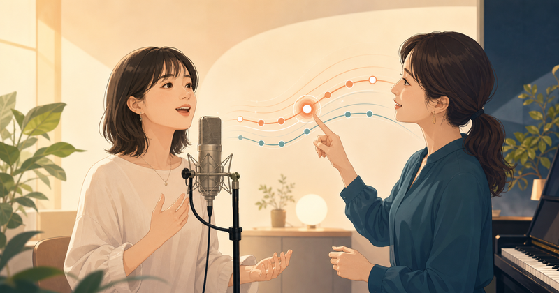 音程のずれを講師と確認しながら整えるボイストレーニングのイメージ