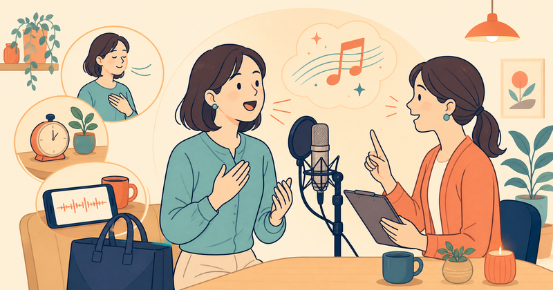 仕事帰りの大人初心者がマンツーマンでボイトレを始めるイラスト