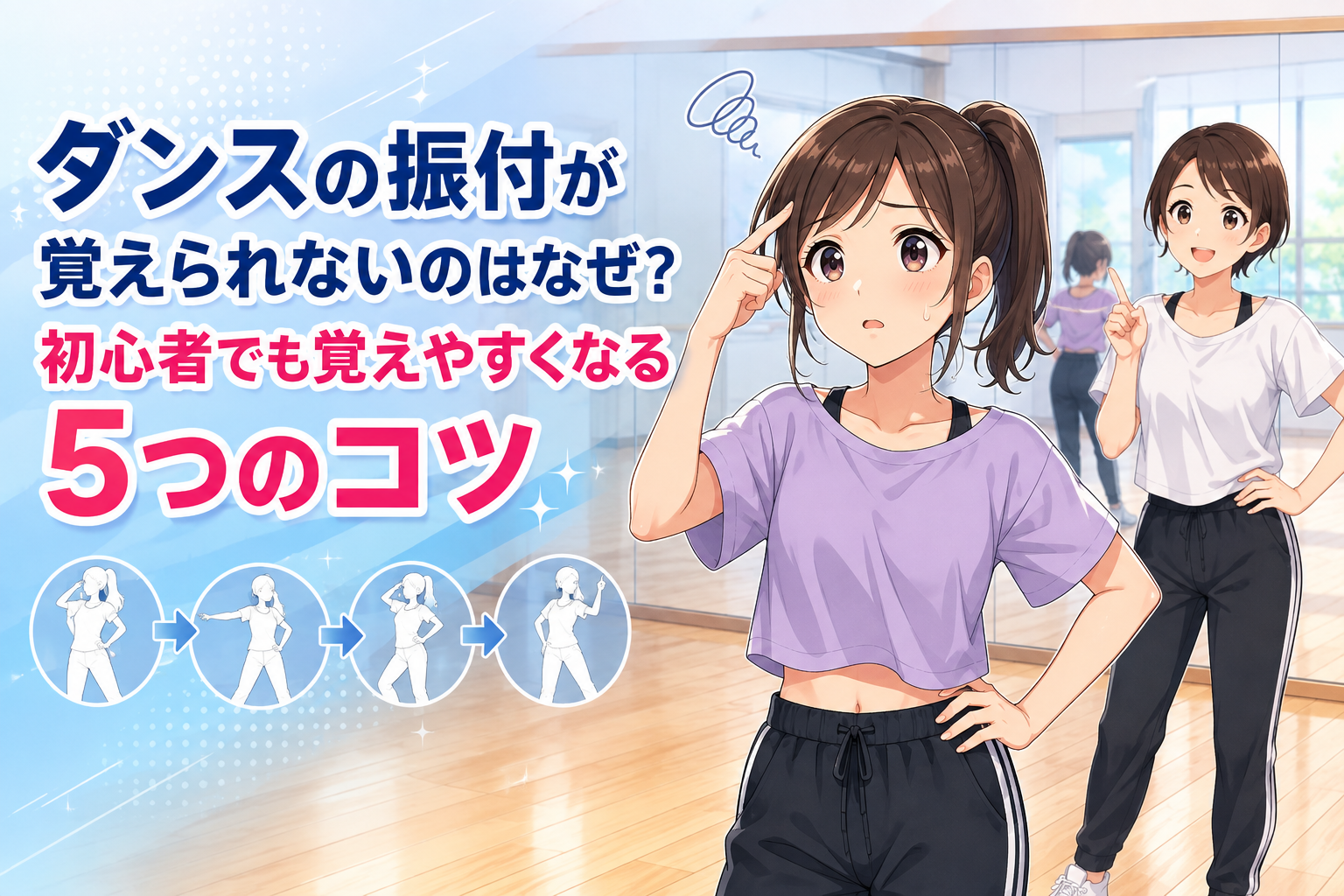 藤が丘校の明るいダンススタジオで、紫のトップスと黒いパンツ姿の女性が困った表情でこめかみに指を当て、後ろでは講師役の女性が笑顔で振付を教えている。ダンスの振付が覚えられない初心者の悩みを表した場面。