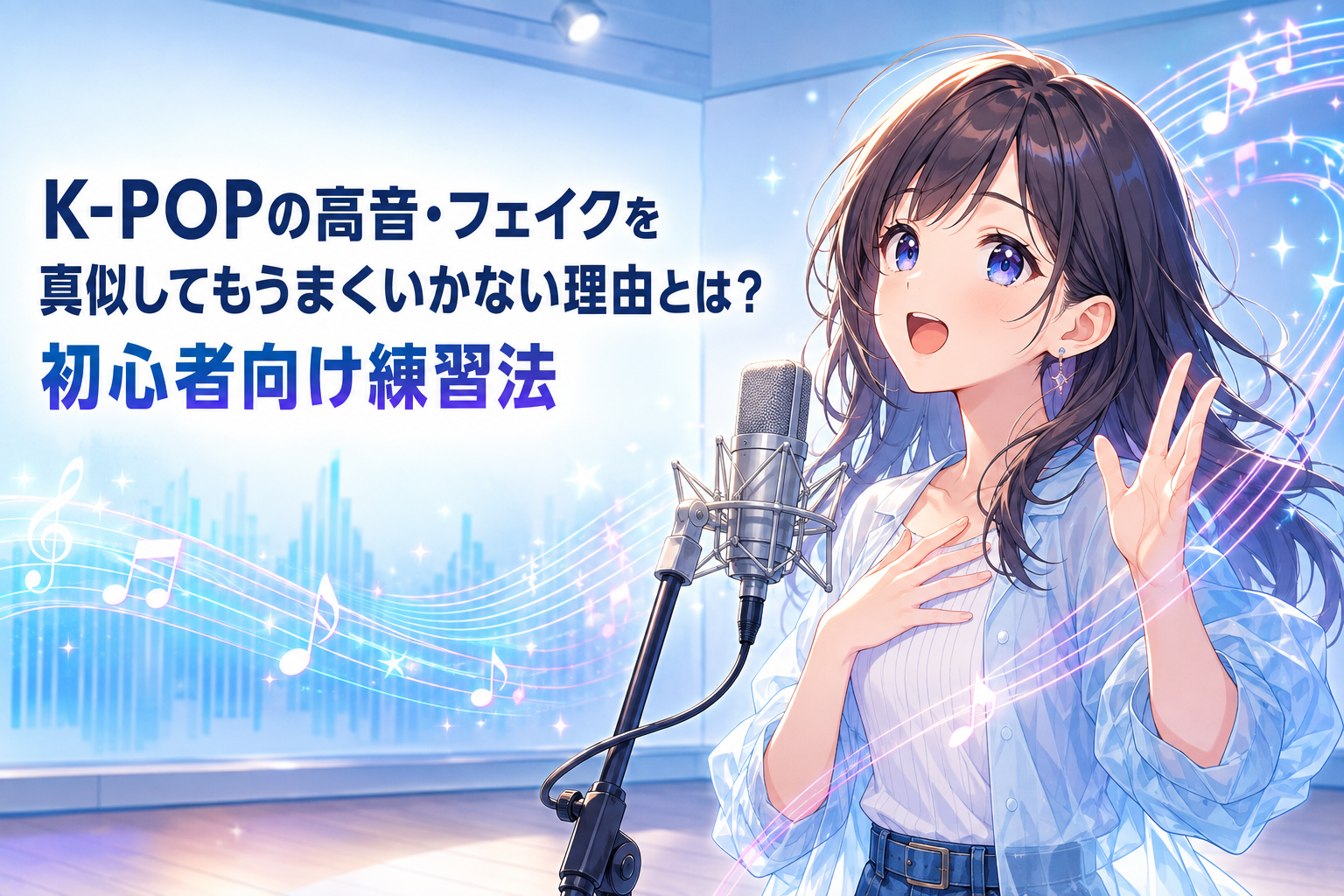 明るいスタジオで、白いトップスと水色のシャツを着た女性が、胸に手を添えながらもう一方の手を上げてマイクに向かって歌う様子。K-POPの高音とフェイクを練習する千種校の記事を表現。