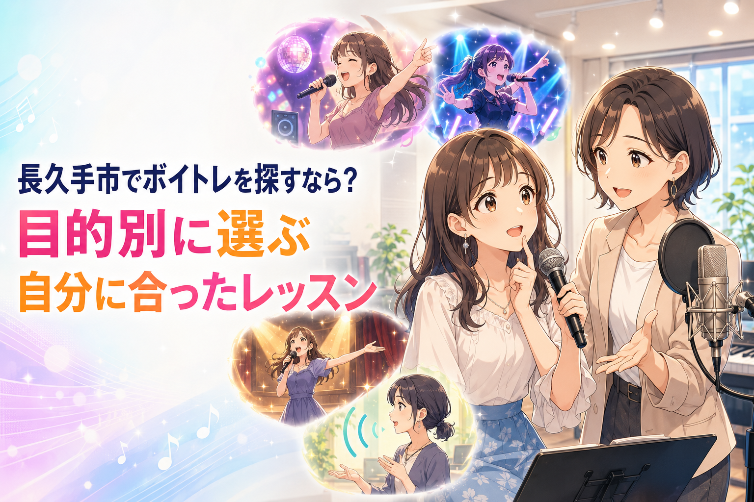 藤が丘校の明るいボイトレスタジオで、マイクを持つ女性が笑顔の講師とレッスンについて相談し、周囲にカラオケやK-POP、ミュージカル、話し方をイメージした場面が描かれている。長久手市でボイトレを目的別に選ぶ内容。