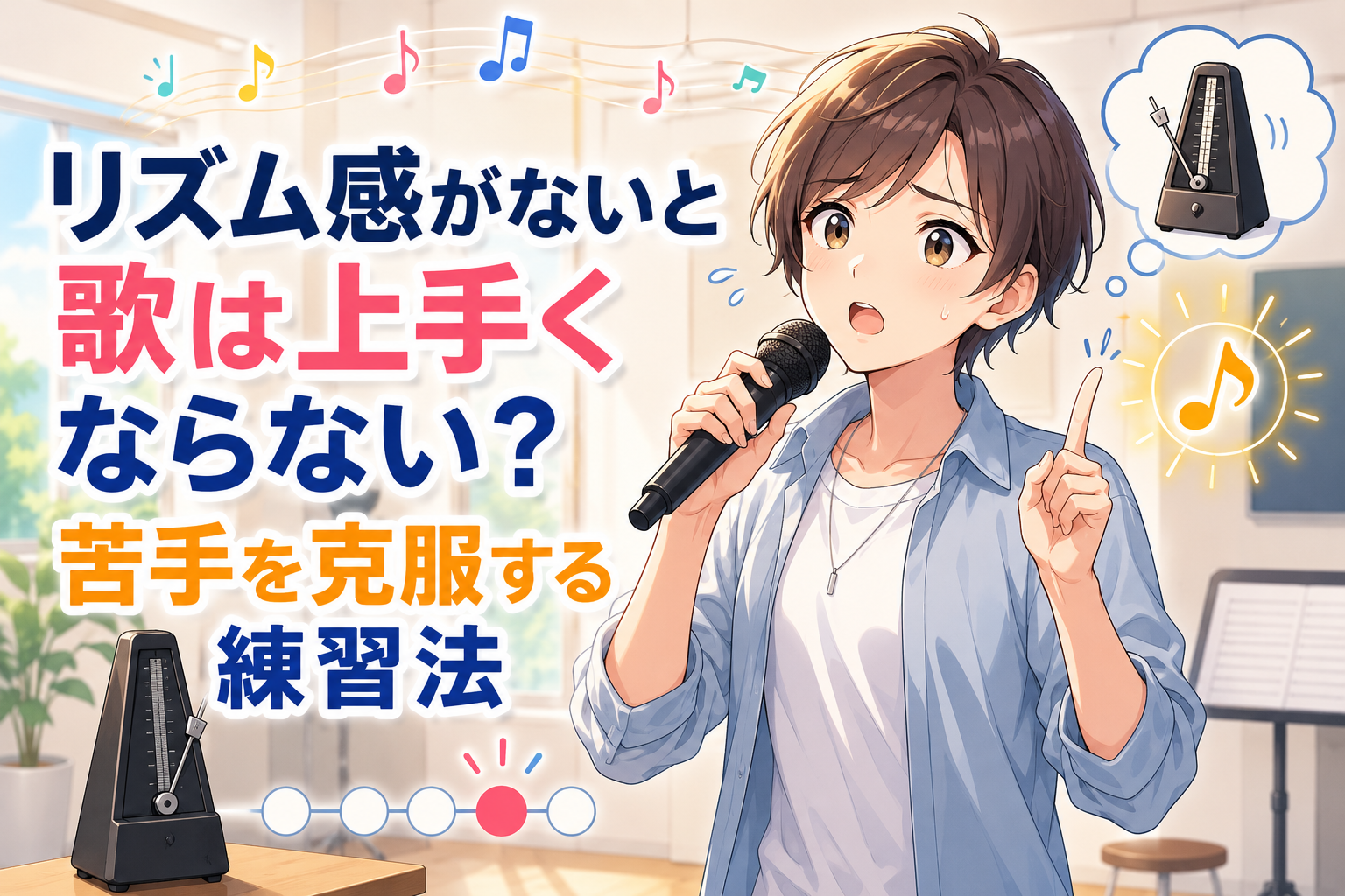 マイクを持ち、少し戸惑いながらリズムを意識して歌う若い人物。水色のシャツを着て指を立て、メトロノームや音符が描かれた明るい練習室で「リズム感 ない 歌」の悩みを表現した藤が丘校の記事アイキャッチ。
