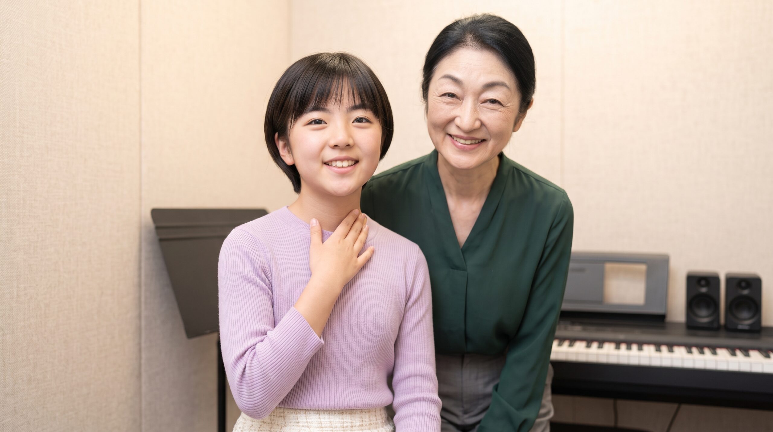 キーボードのある防音室でハミングをする生徒と講師