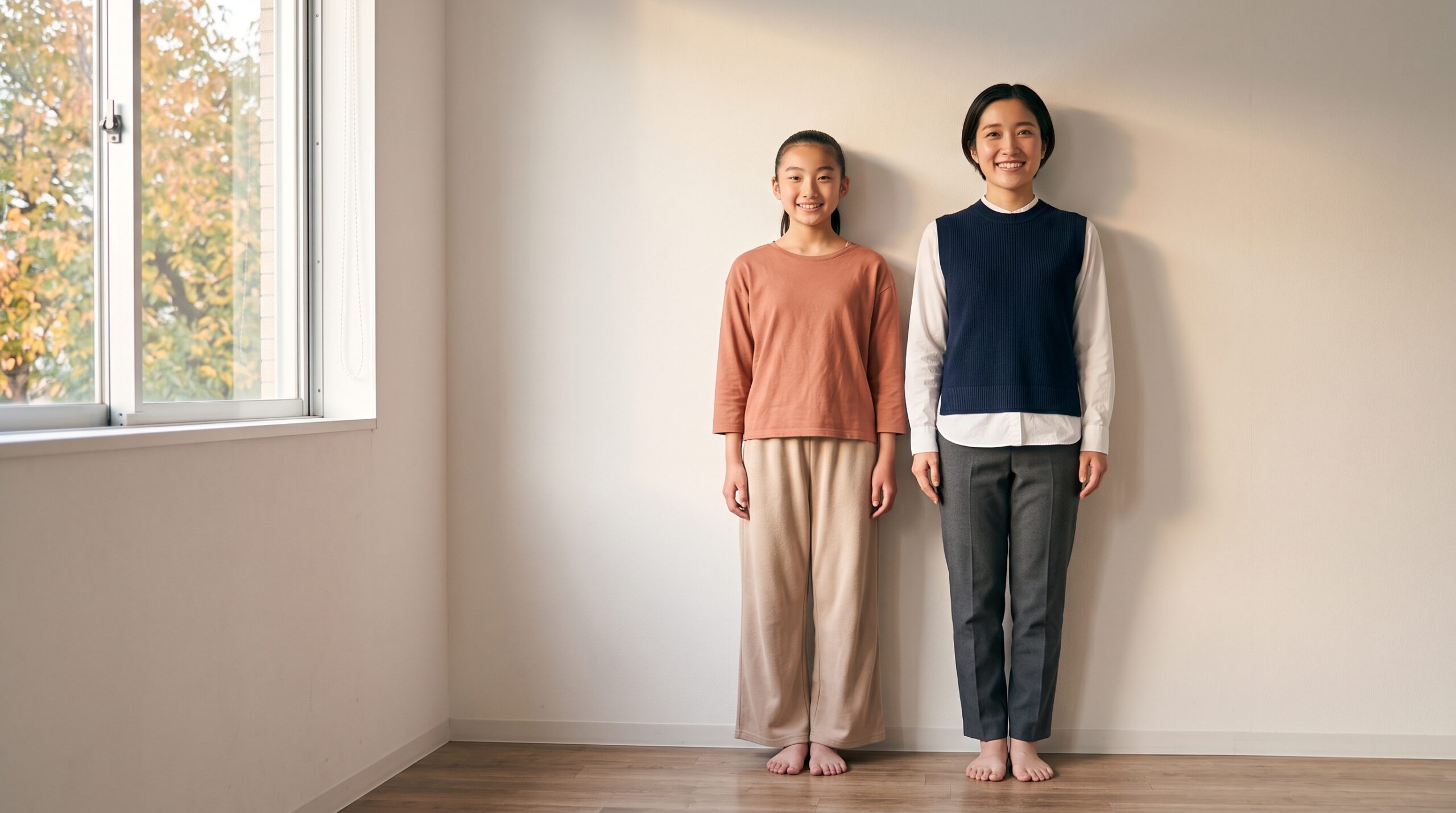 窓辺の白い壁に背中をつけて、姿勢チェックをする生徒と講師