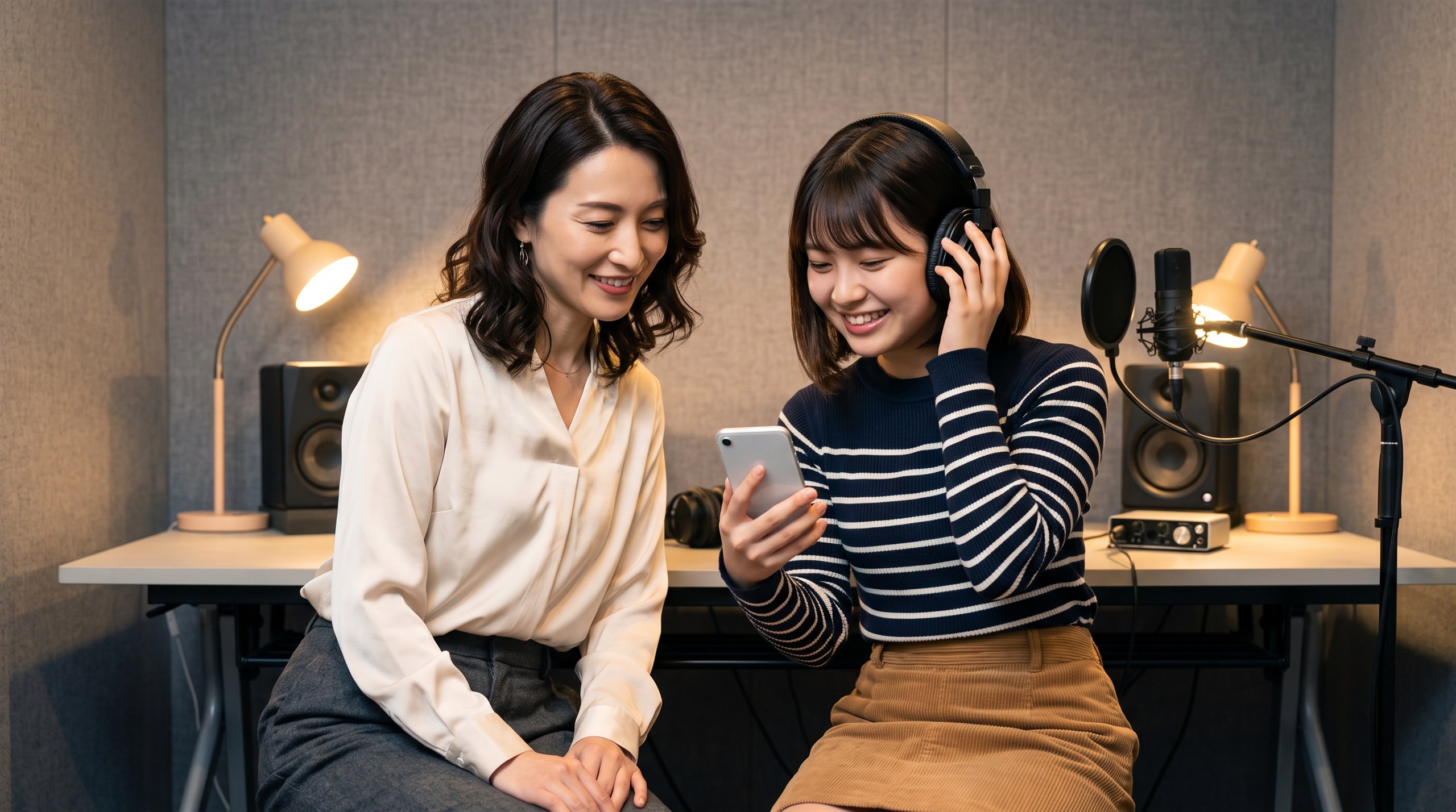 録音した自分の歌を聴き返して音程を確かめる生徒と講師
